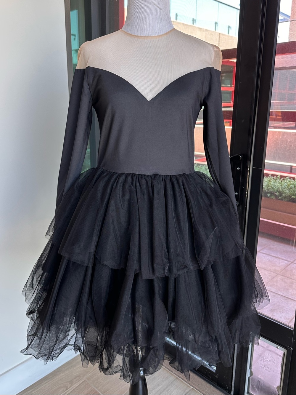 Sheer Yoke Black Long-Sleeve Tulle Party Dress